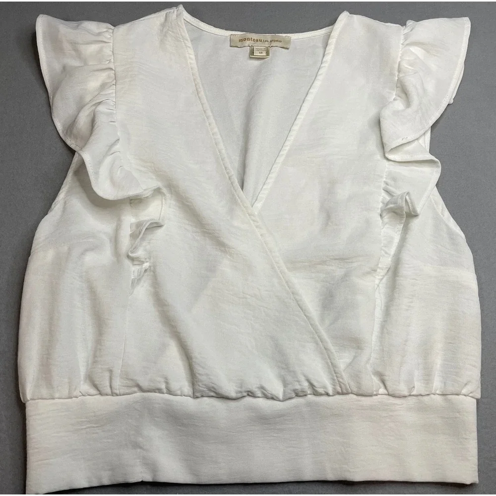 Monteau Los Angeles White Ruffle Wrap Top Sleeveless Smocked Back Womens M - Picture 1 of 9